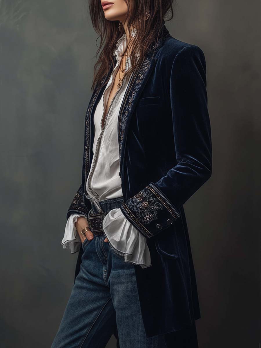 Athenaïs | Vintage Long Embroidered Navy Blue Jacket
