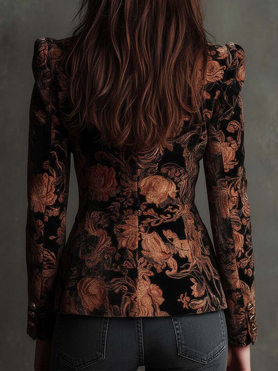 Bertille | Floral Printed Black and Bronze Tailored Blazer