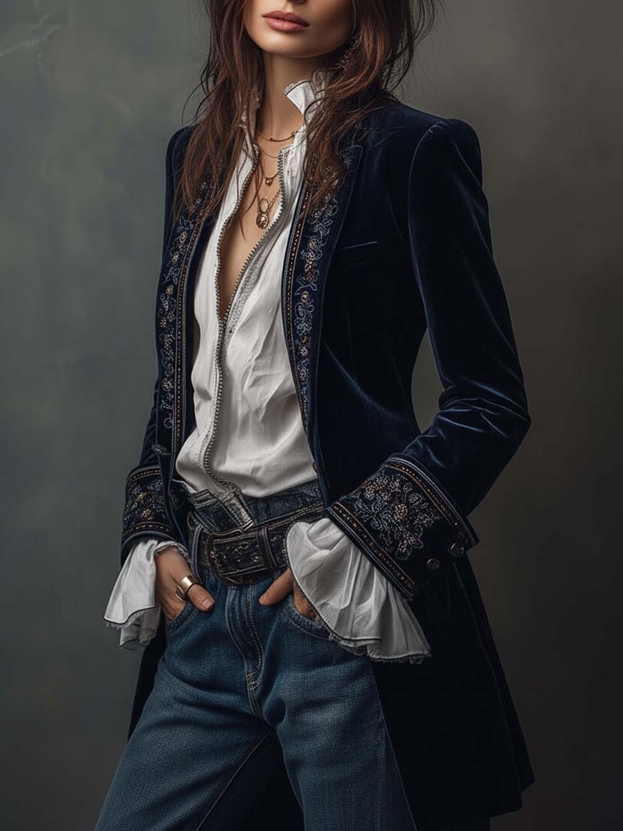 Athenaïs | Vintage Long Embroidered Navy Blue Jacket