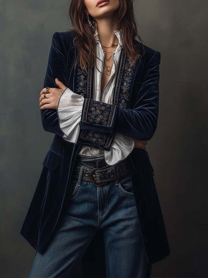 Athenaïs | Vintage Long Embroidered Navy Blue Jacket