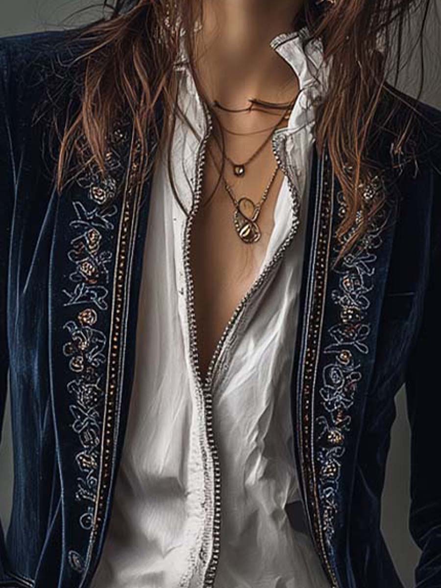 Athenaïs | Vintage Long Embroidered Navy Blue Jacket