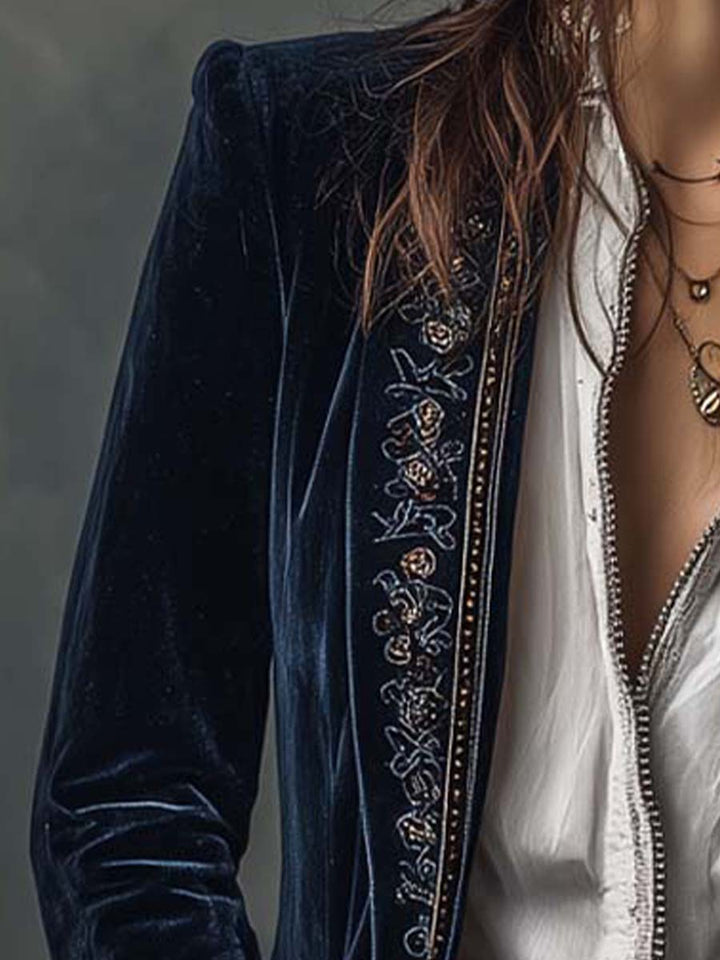 Athenaïs | Vintage Long Embroidered Navy Blue Jacket