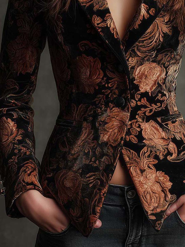 Bertille | Floral Printed Black and Bronze Tailored Blazer