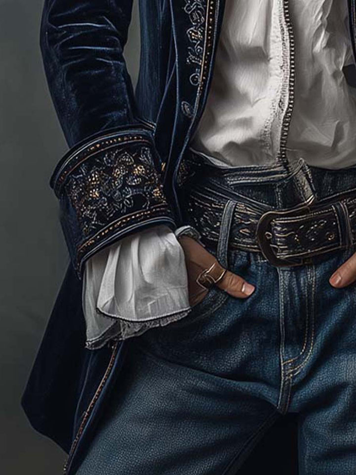 Athenaïs | Vintage Long Embroidered Navy Blue Jacket