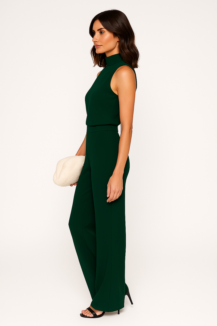 Emerald Green Sleeveless Jumpsuit - Wide Leg &amp; Mock Neck