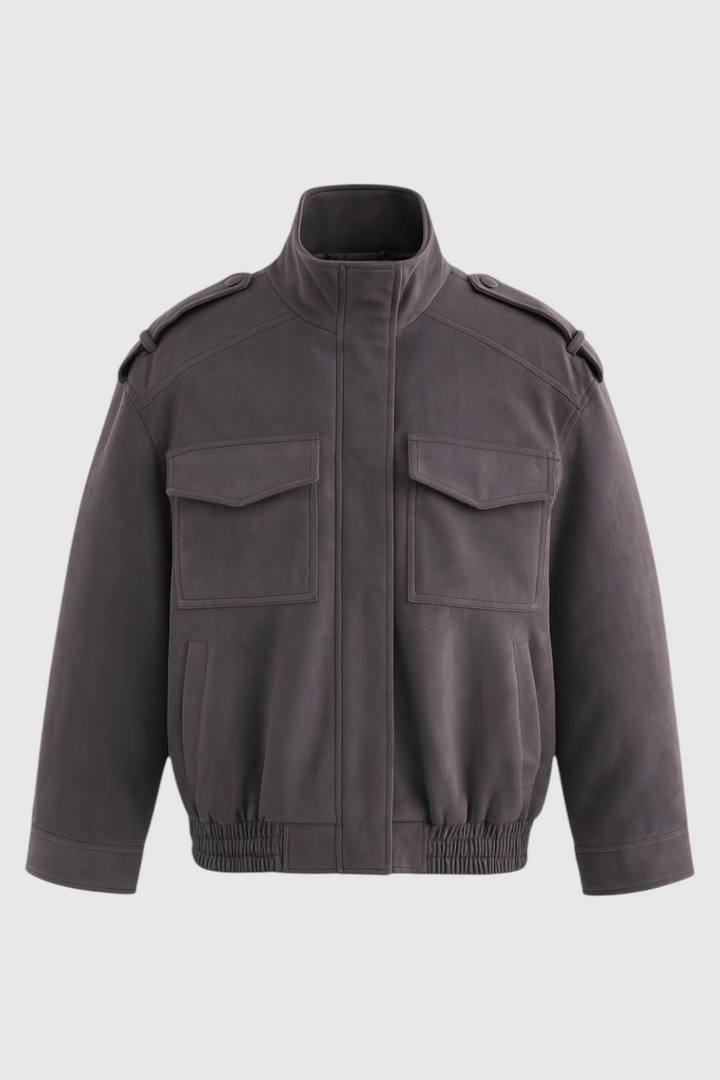 Trendy Dark Grey Bomber Jacket with Stand Collar