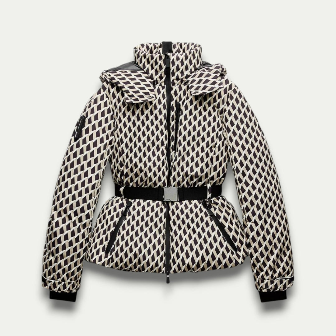 Women’s Belted Beige Patterned Puffer Jacket