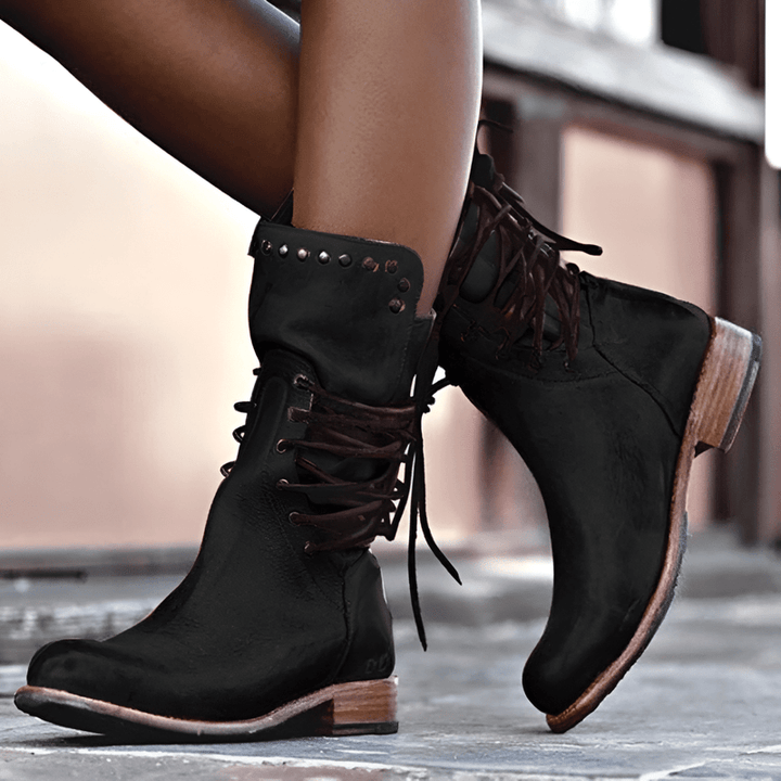 Studded Lace-Up Mid-Calf Boots with Low Heel for Women