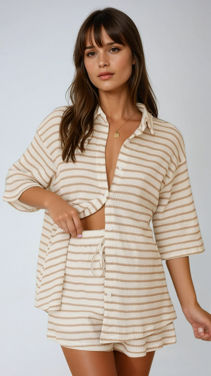 Beige Striped Knit Shirt &amp; Shorts Set