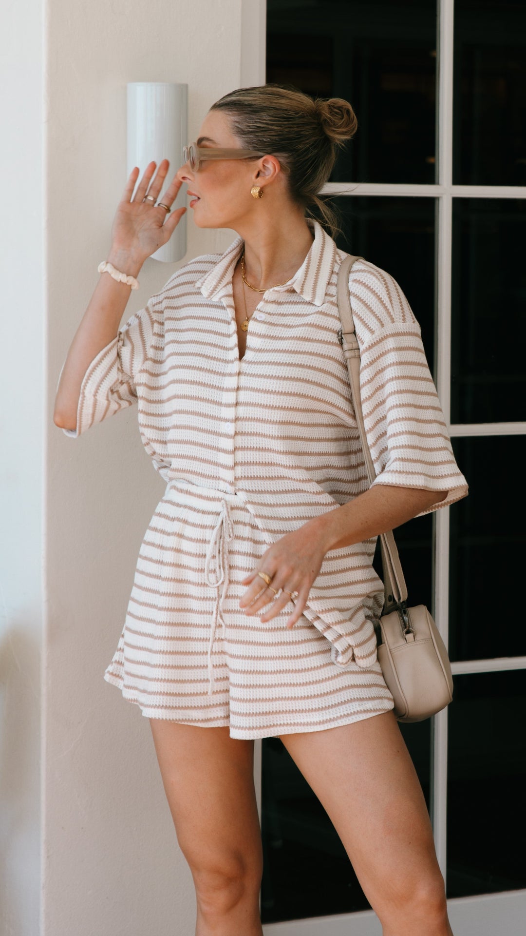 Beige Striped Knit Shirt &amp; Shorts Set