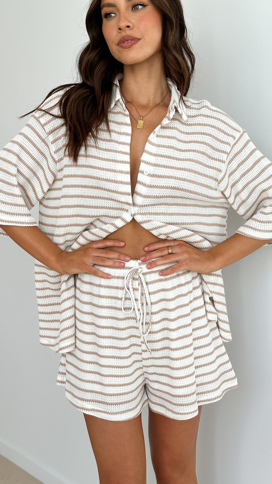 Beige Striped Knit Shirt &amp; Shorts Set