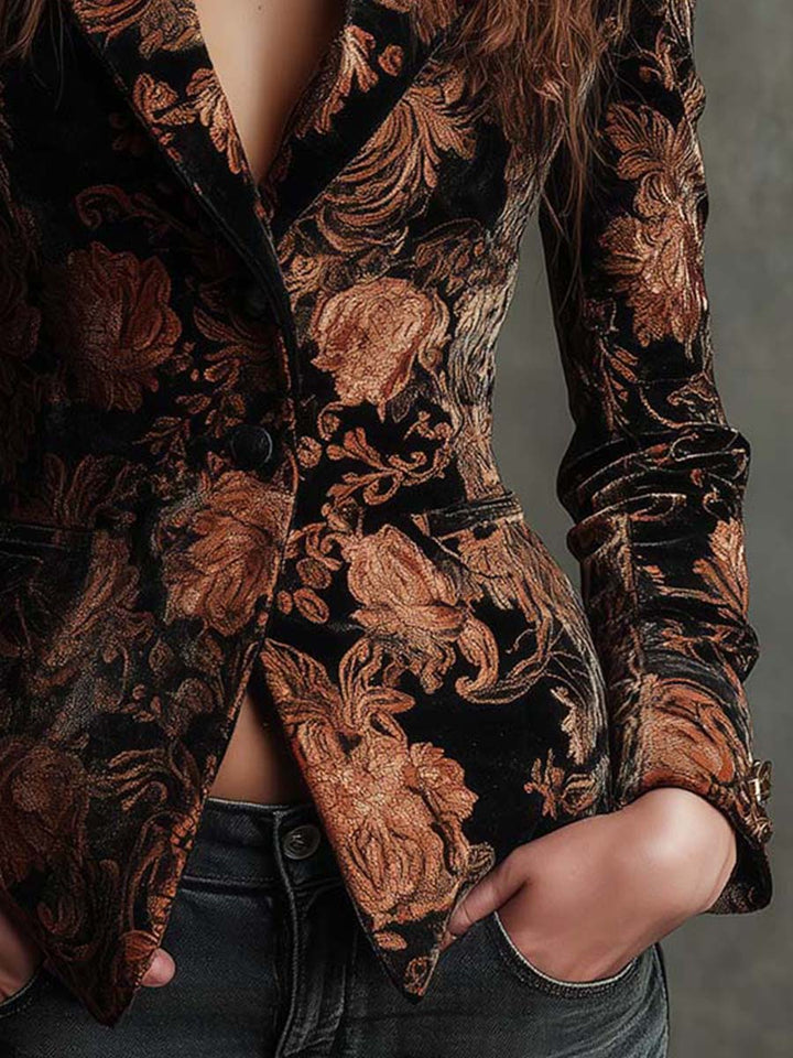 Bertille | Floral Printed Black and Bronze Tailored Blazer